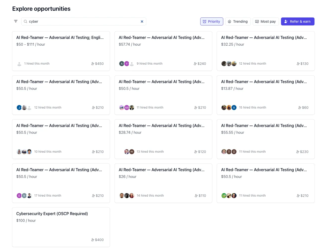 Mercor job board showing 13+ simultaneous "AI Red-Teamer - Adversarial AI Testing" listings, 100+ hires that month